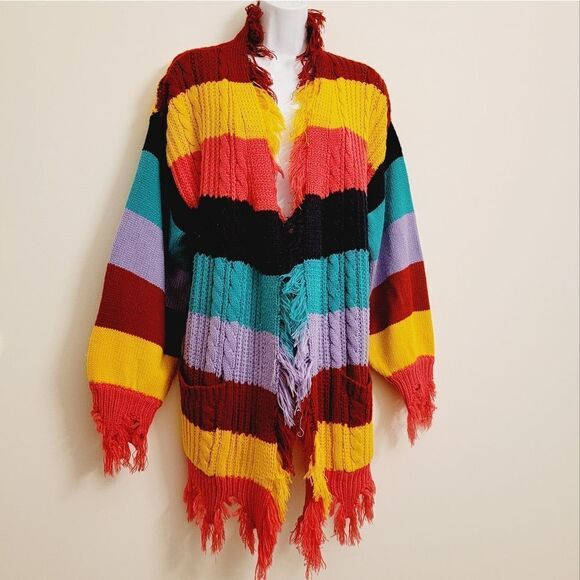 The Cove Multi Stripe Destroyed Fringe Hem Oversized Open Front Cardigan Size M - Picture 1 of 7